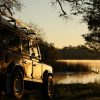 Land Rover Defender 110, sunset, sunrise, water, river